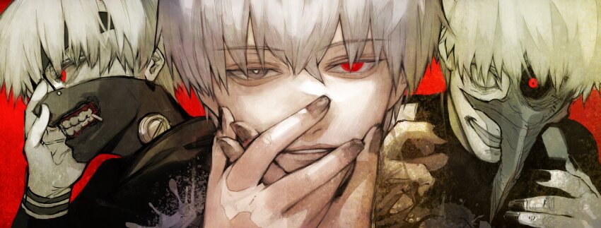 1boy black_nails black_sclera colored_sclera evil_grin evil_smile eyepatch flesh grey_eyes grin heterochromia highres kagune_(tokyo_ghoul) kaneki_ken leather_mask lips looking_at_viewer male_focus mask mismatched_sclera no_pupils parted_lips red_background red_eyes shadow shirt short_hair smile solo stfr_(stfr_kaz) teeth tokyo_ghoul white_hair zipper zipper_pull_tab