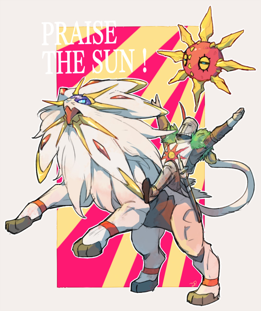1boy armor arms_up capelet commentary_request creatures_(company) crossover dark_souls_(series) dark_souls_i english_text full_armor full_body game_freak gen_3_pokemon gen_7_pokemon greaves green_capelet helmet highres knight legendary_pokemon looking_away looking_up nigiri_(ngr24) nintendo pokemon pokemon_(creature) pokemon_sm praise_the_sun riding riding_pokemon scabbard sheath sheathed solaire_of_astora solgaleo solrock sun_symbol sunburst sunburst_background sword tabard weapon white_background