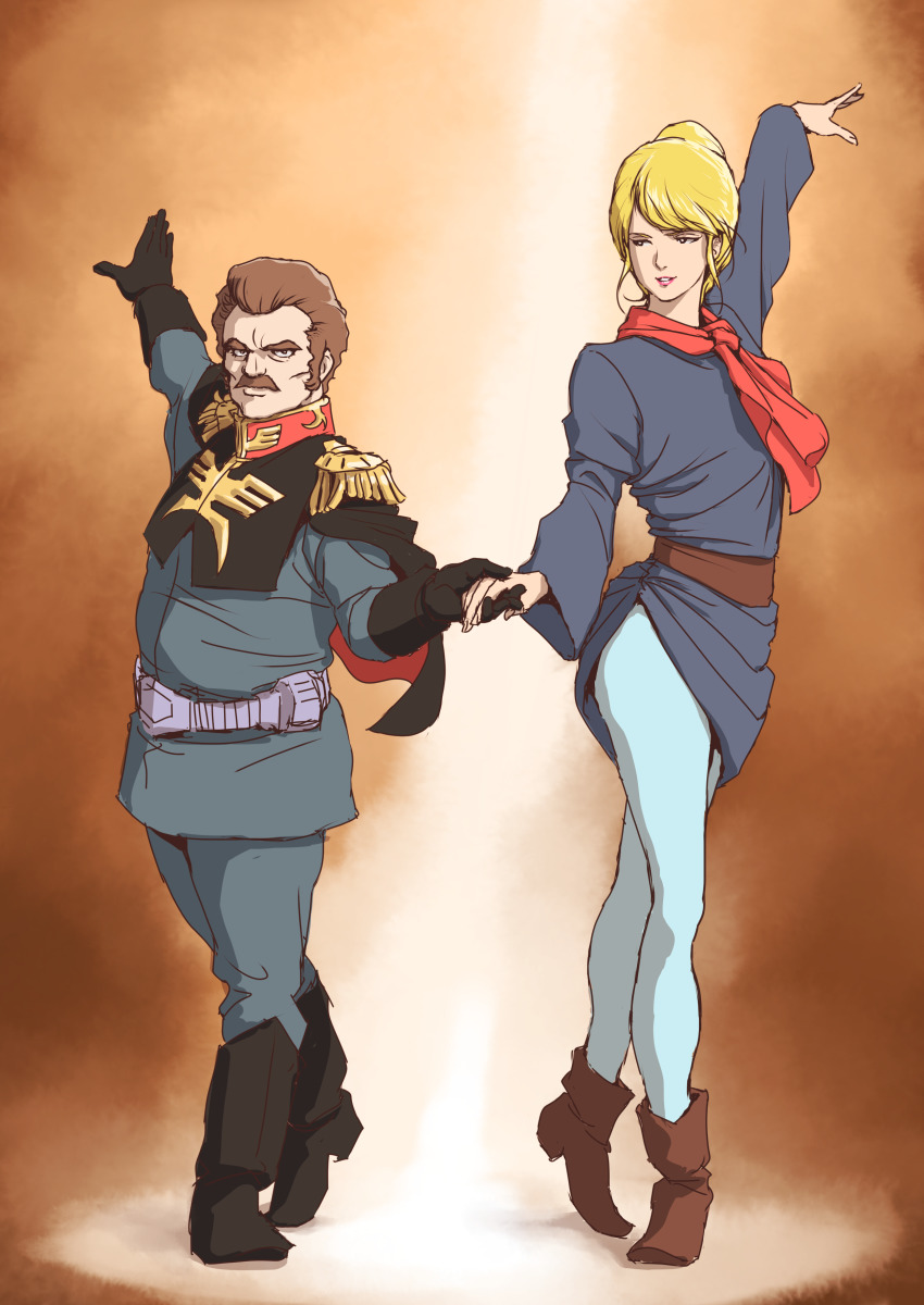 1boy 1girl absurdres arm_up black_footwear black_gloves blonde_hair blue_pantyhose boots brown_eyes brown_footwear brown_hair couple crowley_hamon dancing facial_hair full_body gloves grey_jacket grey_pants gundam highres jacket long_sleeves looking_at_another looking_at_viewer looking_to_the_side mobile_suit_gundam mustache outstretched_arm pants pantyhose ramba_ral red_neckwear short_hair sketch standing swept_bangs teikoku_jokyoku