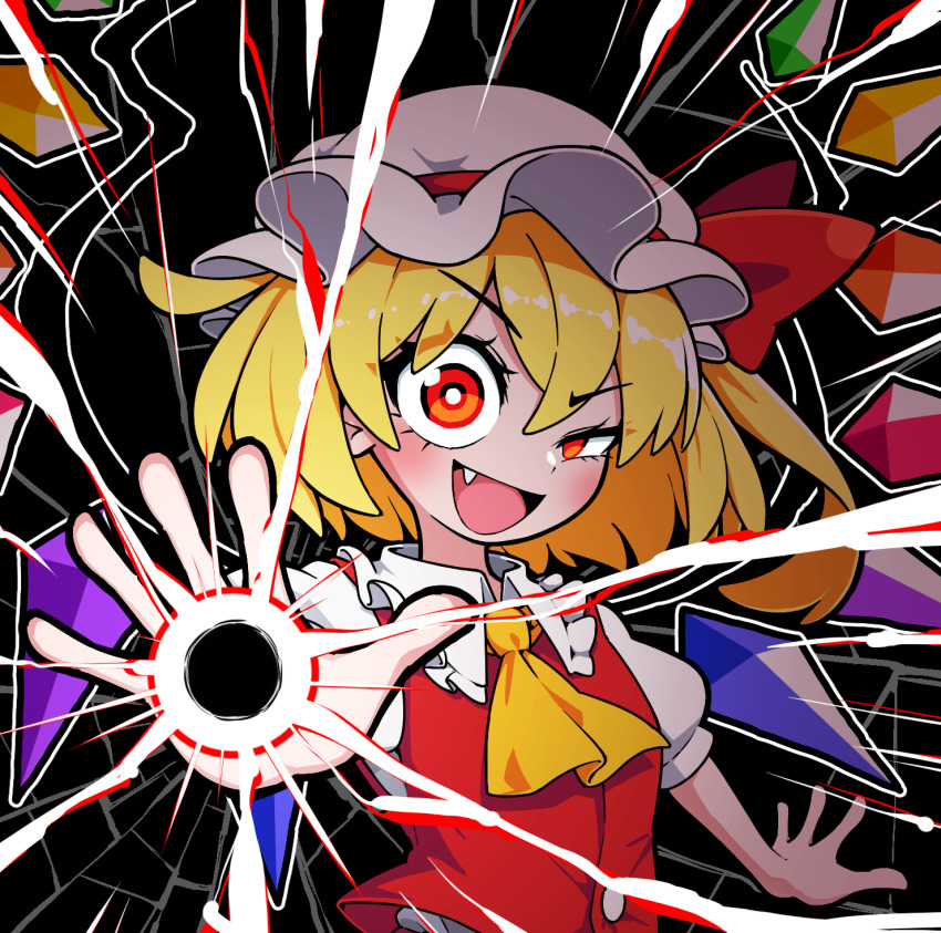 1girl ascot black_background blonde_hair breaking crystal crystal_wings fang flandre_scarlet hat highres looking_at_viewer mob_cap open_mouth puffy_sleeves red_eyes red_vest short_sleeves simple_background solidus_(sword_cube) solo touhou upper_body vest wings yellow_ascot