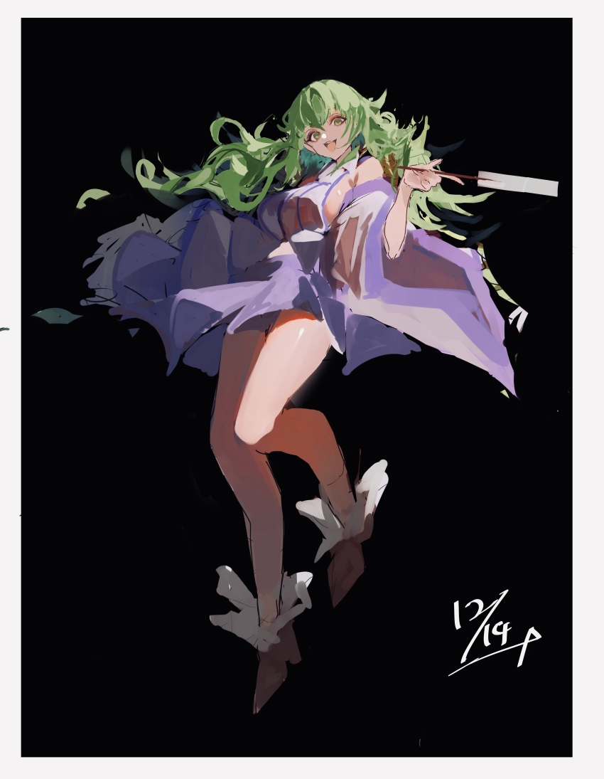 1girl absurdres black_background blue_skirt breasts commentary dated detached_sleeves gohei green_eyes green_hair highres holding holding_gohei kochiya_sanae large_breasts long_hair long_sleeves po_(anhk5528) shirt sideboob skirt smile solo touhou