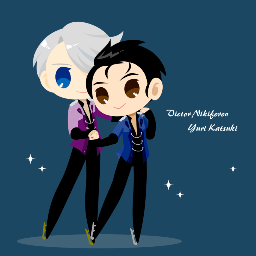 2boys :&gt; black_hair black_pants blue_eyes brown_eyes character_name collared_shirt hair_slicked_back holding_hands highres ice_skates jewelry kaorin_minogue katsuki_yuuri male_focus multiple_boys pants ring shirt silver_hair skates smile sparkle viktor_nikiforov yuri!!!_on_ice