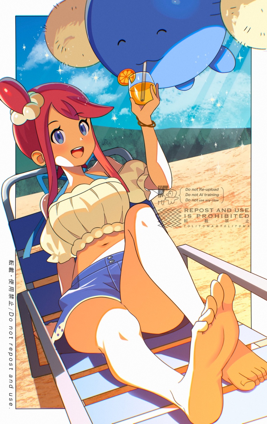 1girl =_(9_yawbus) beach beach_chair bikini bikini_under_clothes bikini_under_shorts blue_bikini blue_eyes blue_shorts blush breasts closed_eyes collarbone crop_top cup denim denim_shorts drink gen_2_pokemon hair_ornament highres holding holding_cup jumpluff lounging lying midriff navel nintendo off-shoulder_shirt off_shoulder official_alternate_costume on_back one_side_up open_mouth outdoors pokemon pokemon_(creature) pokemon_masters_ex red_hair shirt shorts sidelocks sky skyla_(pokemon) skyla_(summer_2025)_(pokemon) smile solo swimsuit teeth