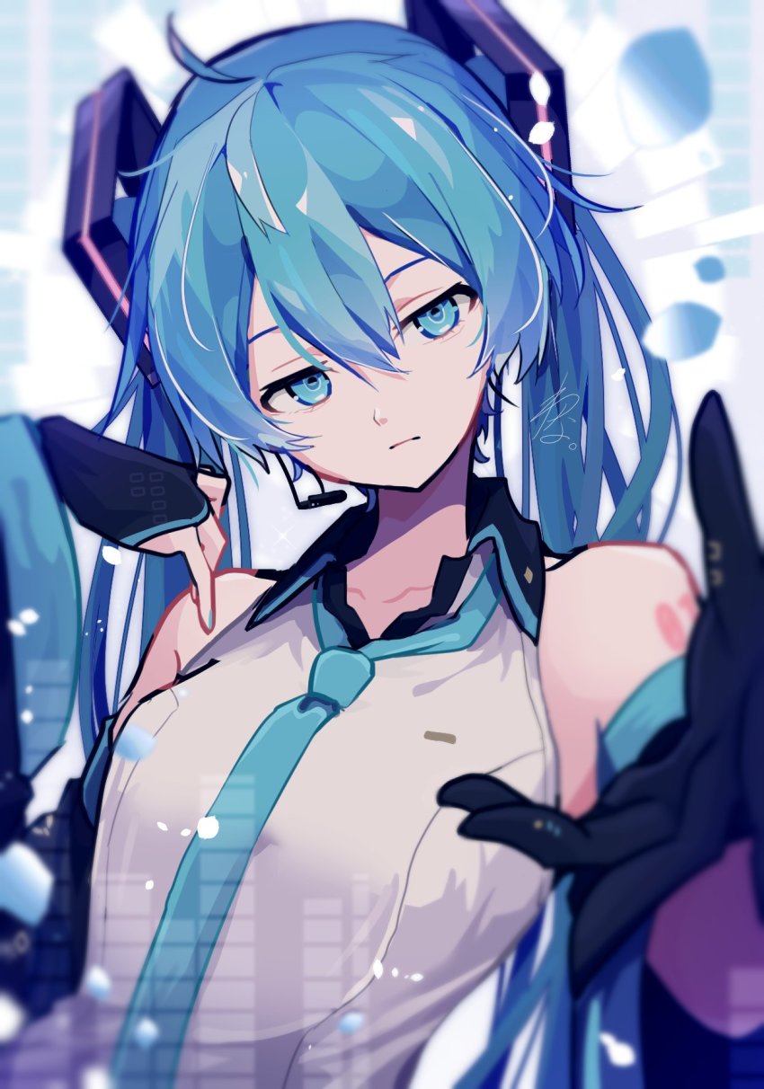 1girl aqua_eyes aqua_hair bare_shoulders black_gloves black_sleeves blurry blurry_foreground commentary depth_of_field detached_sleeves expressionless fingerless_gloves gloves graphic_equalizer grey_shirt hair_ornament hands_up hatsune_miku headphones headset highres jitome long_hair looking_at_viewer necktie outstretched_arm reaching reaching_towards_viewer ringed_eyes shirt shoulder_tattoo signature sleeveless sleeveless_shirt solo tattoo twintails upper_body very_long_hair vocaloid wanaxtuco