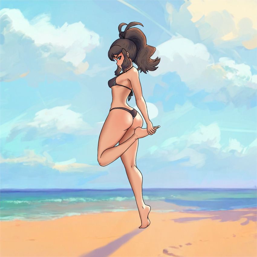1girl ass back bare_shoulders barefoot beach bikini black_bikini blue_eyes blue_sky breasts brown_hair butt_crack cloud cloudy_sky curvy high_ponytail highres hilda_(pokemon) huge_ass leg_lift long_hair looking_at_viewer looking_back medium_breasts nintendo ocean outdoors pokemon pokemon_bw ponytail radicool332 shiny_skin sideboob sidelocks skindentation sky solo standing standing_on_one_leg swimsuit thong thong_bikini water wide_hips