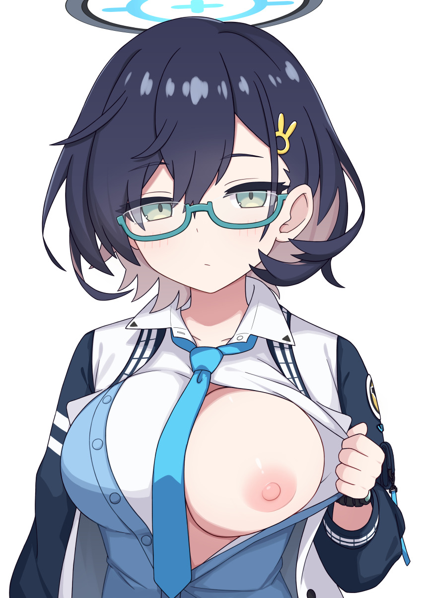 1girl absurdres aqua-framed_eyewear black_hair blue_archive blue_cardigan blue_halo blue_necktie breasts cardigan chihiro_(blue_archive) collared_shirt dot_nose green_eyes hair_between_eyes hair_ornament halo highres jacket large_breasts light_blush long_sleeves looking_at_viewer necktie nipples one_breast_out open_clothes open_jacket opened_by_self rabbit_hair_ornament semi-rimless_eyewear shirt simple_background solo unamused under-rim_eyewear upper_body watch white_background white_shirt wristwatch zddma20
