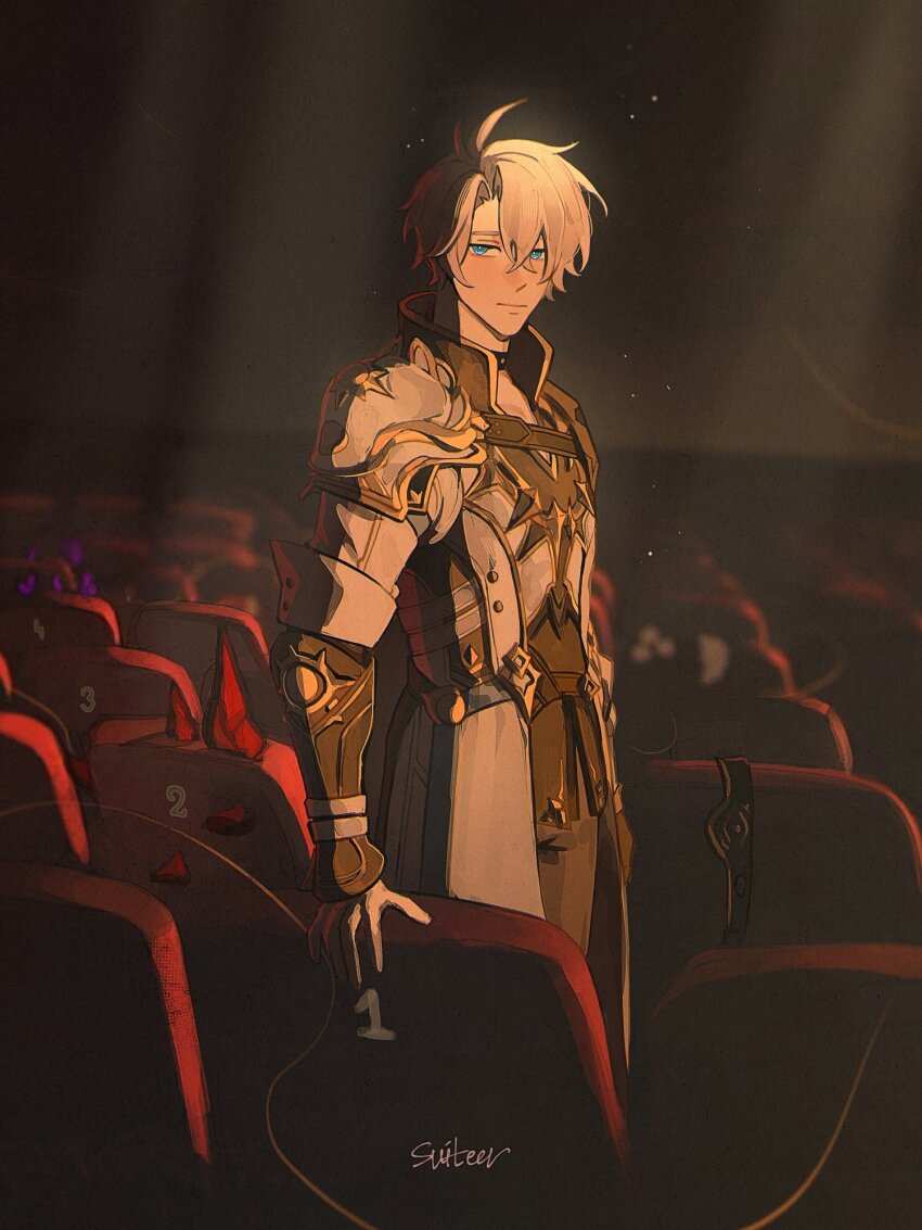 1boy antenna_hair armor artist_name black_choker black_pants black_shirt blue_eyes choker coat commentary highres honkai:_star_rail honkai_(series) looking_at_viewer male_focus moonya movie_theater pants pauldrons phainon_(honkai:_star_rail) shirt short_hair shoulder_armor single_pauldron solo theater_seating white_coat white_hair
