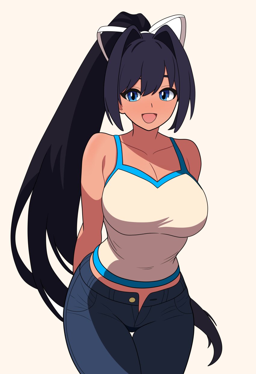 1girl absurdres alternate_color alternate_skin_color black_hair blue_eyes bojack198 breasts cleavage collarbone crop_top dark-skinned_female dark_skin hair_intakes hair_ribbon highres large_breasts long_hair looking_at_viewer midriff open_fly palette_swap pants player_2 ponytail ribbon solo under_night_in-birth very_long_hair yuzuriha_(under_night_in-birth)