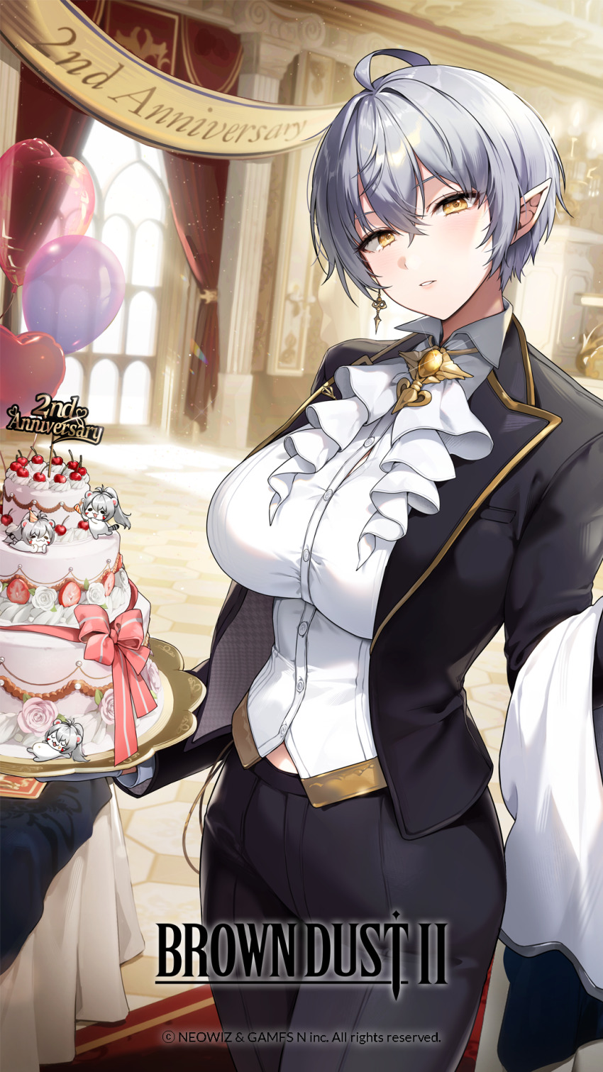 1girl balloon black_pants black_vest brown_dust_(series) brown_dust_2 cake commentary_request copyright_name decorations earrings food gijang grey_hair happy_anniversary highres indoors jewelry korean_commentary long_hair looking_at_viewer official_art pants pointy_ears shirt solo veila_(brown_dust_2) vest white_shirt yellow_eyes yuridori_(brown_dust)