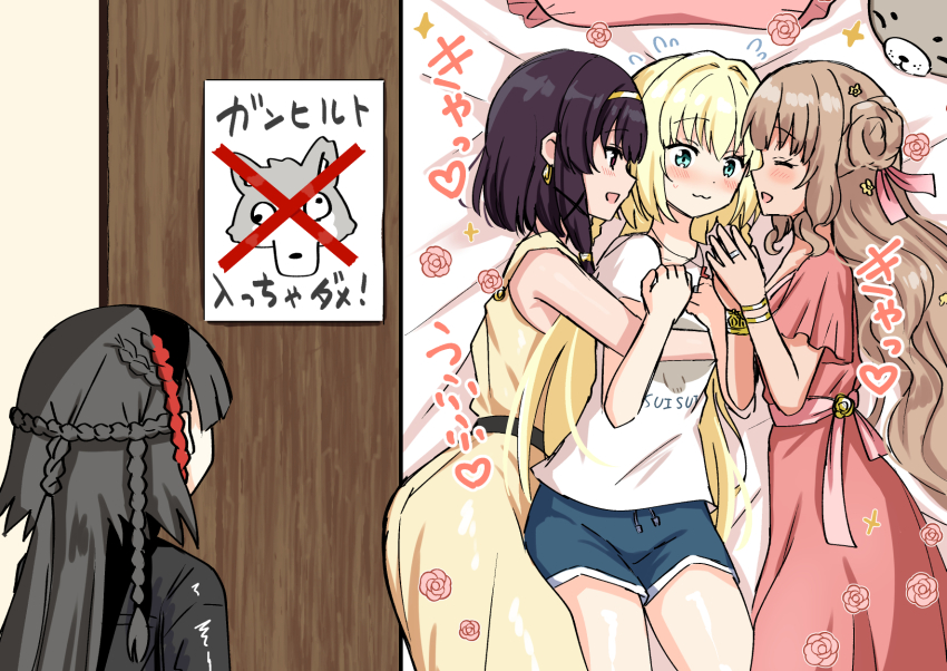 4girls bed bed_sheet cornelia_(madoka_magica) greco-roman_clothes gunhild_(madoka_magica) highres long_hair magia_record:_mahou_shoujo_madoka_magica_gaiden mahou_shoujo_madoka_magica multiple_girls no_symbol olga_(madoka_magica) on_bed poster_(object) stuffed_toy suzugahama very_long_hair wooden_wall