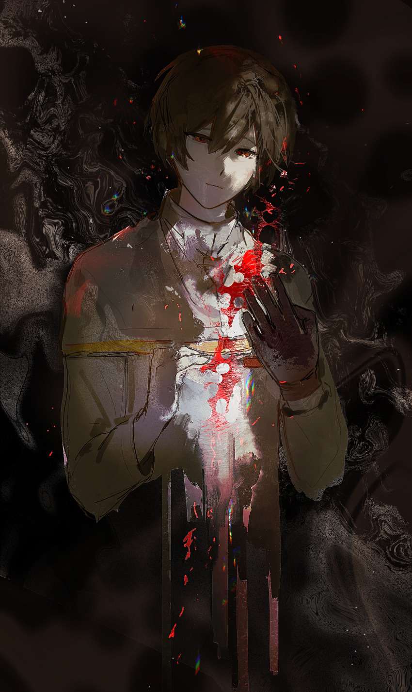 1boy absurdres brown_eyes brown_gloves brown_hair capelet chinese_commentary closed_mouth commentary_request expressionless fire gloves gold_trim hair_between_eyes hands_up heibaihuabing highres jabuchi_you long_sleeves male_focus melting red_fire saibou_shinkyoku shirt short_hair single_glove solo white_capelet white_shirt