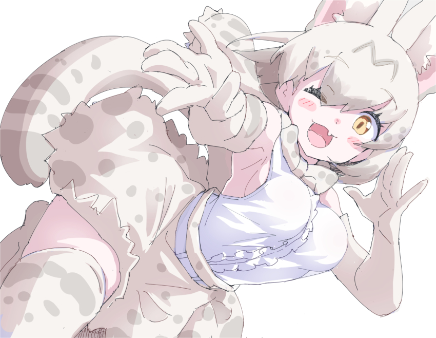 1girl :3 animal_ears animal_print bare_shoulders blush bow bowtie cat_ears cat_girl cat_print cat_tail center_frills elbow_gloves extra_ears fang frilled_skirt frills gloves grey_hair hair_between_eyes high-waist_skirt kemono_friends lowlandgorilla multicolored_hair one_eye_closed open_mouth print_bow print_bowtie print_gloves print_skirt print_thighhighs shirt sidelocks skirt sleeveless smile solo tail thighhighs white_gloves white_hair white_serval_(kemono_friends) white_shirt white_skirt white_thighhighs yellow_eyes zettai_ryouiki