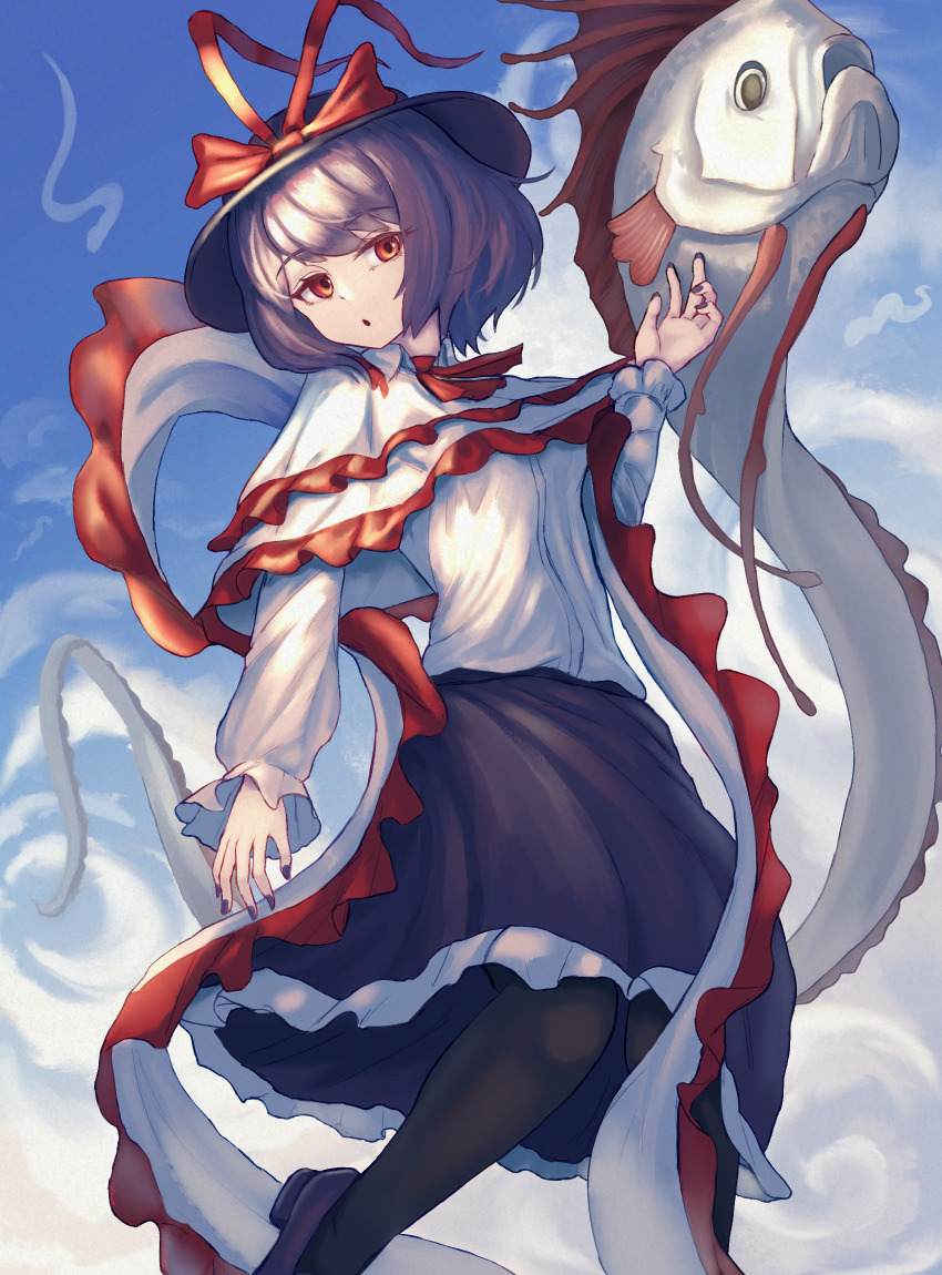 1girl ascot black_footwear black_hat black_skirt blue_sky bow capelet cloud commentary fish full_body hat hat_bow highres long_sleeves looking_at_viewer nagae_iku oarfish open_mouth outdoors purple_hair pygrenix red_ascot red_bow red_eyes shirt short_hair skirt sky solo touhou white_capelet white_shirt