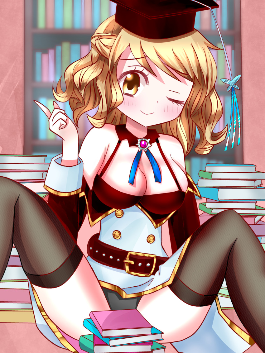 1girl bare_shoulders black_panties blonde_hair book breasts brown_eyes cleavage highres karasuma_sakura kin-iro_mosaic kirara_fantasia medium_breasts panties pantyshot solo underwear
