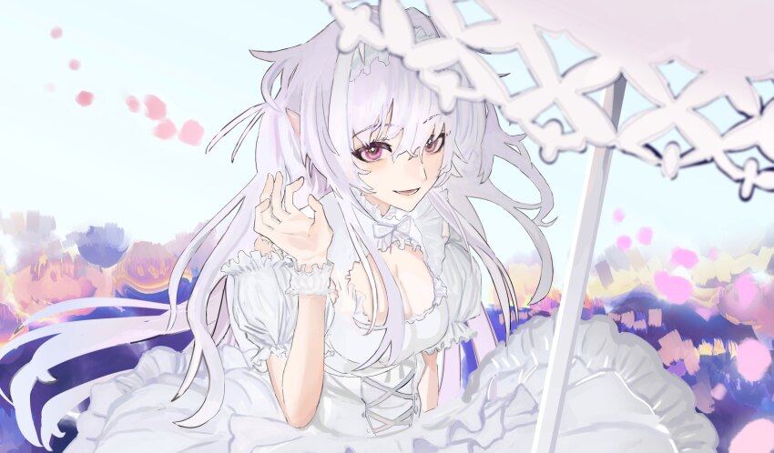 1girl cleavage_cutout clothing_cutout commentary_request dress fate/grand_order fate_(series) hair_between_eyes highres lady_avalon_(event_portrait)_(fate) lady_avalon_(fate) looking_at_viewer merlin_(fate/prototype) official_alternate_costume open_mouth parasol petals purple_eyes shou_si_ok smile solo umbrella white_dress white_hair white_umbrella