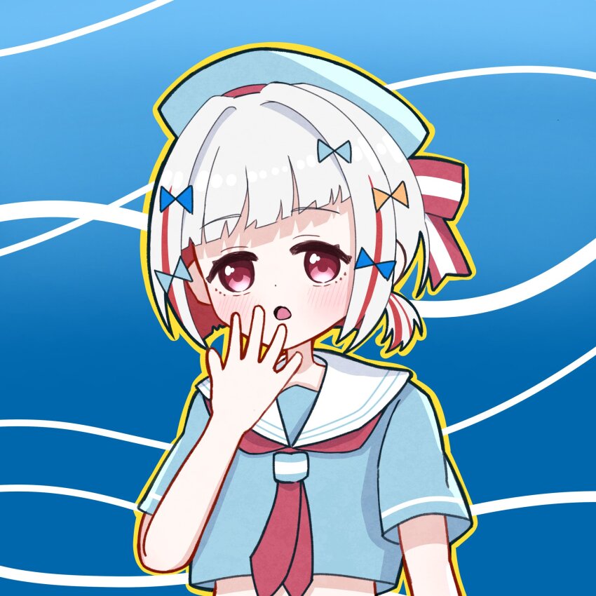 1girl blue_background blue_hat blue_shirt blush blush_stickers bow colored_inner_hair commentary_request diagonal_bangs grey_hair hair_bow hand_up hat highres like_and_redraw_challenge link!_like!_love_live! love_live! low_ponytail midriff multicolored_hair neckerchief notice_lines official_alternate_costume official_alternate_hairstyle okome_(okome_l_l) open_mouth pink_eyes ponytail red_hair red_neckerchief sailor_collar school_uniform serafuku shirt short_hair short_ponytail short_sleeves sidelocks solo streaked_hair virtual_youtuber white_sailor_collar yugiri_tsuzuri yugiri_tsuzuri_(gigo)