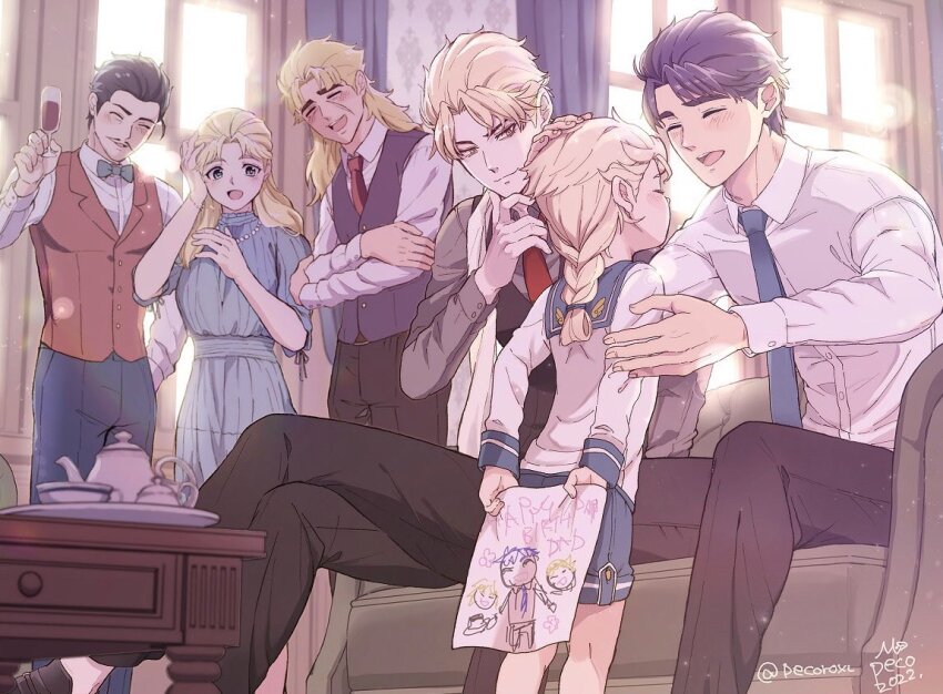 1girl 2022 5boys :d aged_down alcohol black_hair black_pants blonde_hair blue_dress blue_eyes blue_hair blush braid champagne_flute child child&#039;s_drawing closed_eyes commentary crossed_legs cup dio_brando dress drinking_glass english_commentary erina_pendleton family father_and_son giorno_giovanna happy happy_birthday holding holding_cup holding_paper implied_yaoi indoors jojo_no_kimyou_na_bouken jonathan_joestar long_hair morino_peko multiple_boys necktie open_mouth pants paper phantom_blood robert_e._o._speedwagon shirt short_hair sitting smile teapot vento_aureo white_shirt will_anthonio_zeppeli window wine