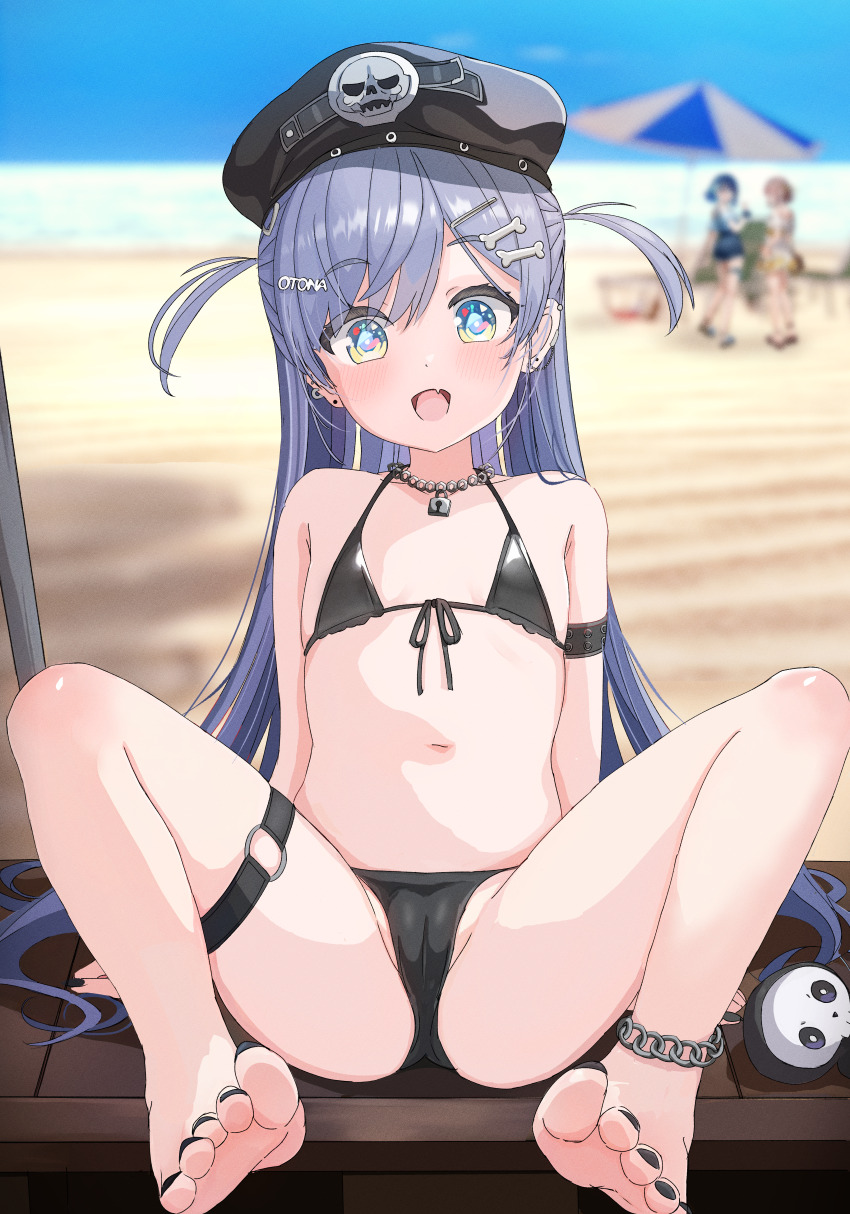3girls :d absurdres anklet arm_strap arm_support barefoot beach bikini black_bikini black_hat black_nails blue_eyes blue_hair blurry blurry_background bone_hair_ornament cameltoe cartoon_bone chain chain_necklace ear_chain ear_piercing earclip earrings fang feet flat_chest front-tie_bikini_top front-tie_top hair_ornament hairclip hat highres jewelry linked_piercing long_hair looking_at_viewer m_legs multiple_girls nail_polish navel necklace o-ring o-ring_thigh_strap open_mouth piercing sand sendo_yuuhi short_sidetail sitting skin_fang smile solo_focus spread_legs stomach stud_earrings swimsuit thigh_strap toenail_polish toenails toes tsumugi_kokage very_long_hair virtual_youtuber vspo! yamaoka_remu yano_kuromu