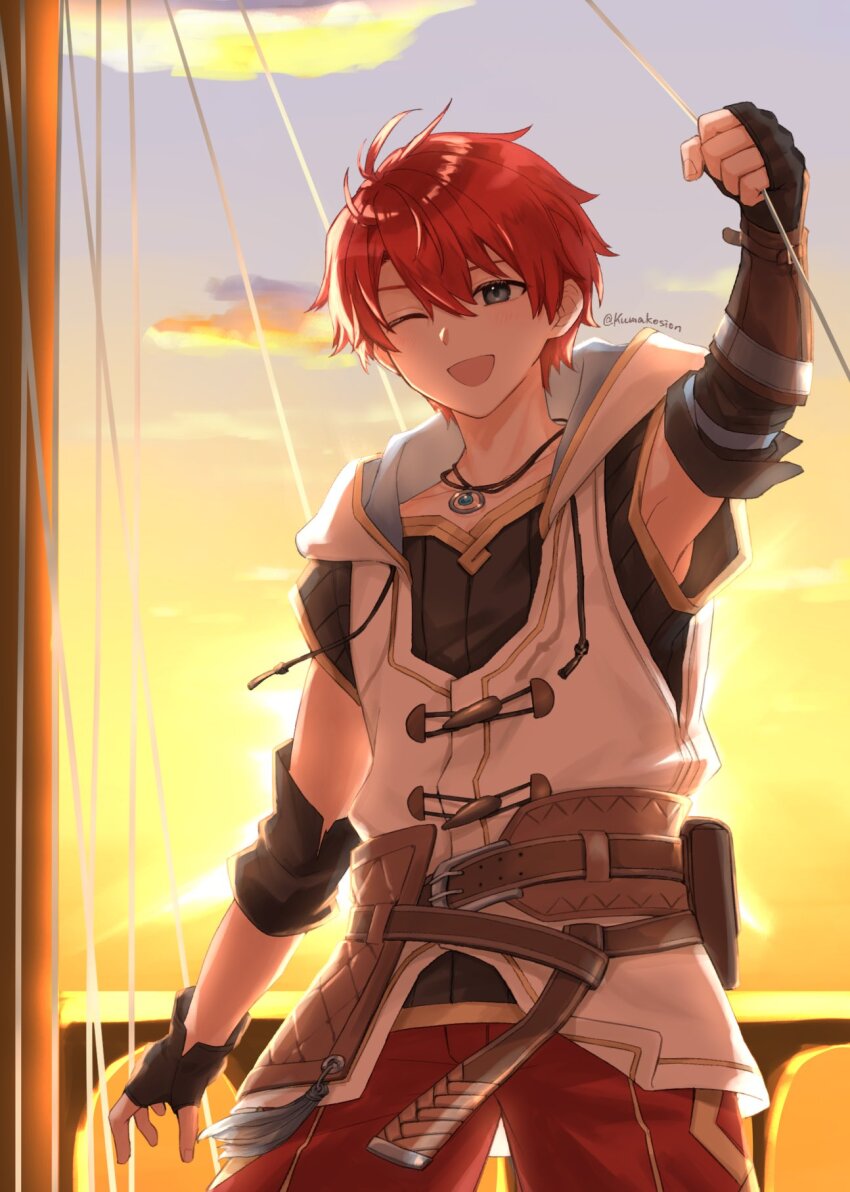 1boy ;d adol_christin artist_name asymmetrical_gloves backlighting belt belt_pouch black_gloves black_shirt commentary_request fingerless_gloves gloves grey_eyes highres jacket jewelry kumakosion male_focus necklace one_eye_closed open_mouth pants pouch red_hair red_pants shirt short_hair smile solo twitter_username white_jacket ys ys_x:_nordics