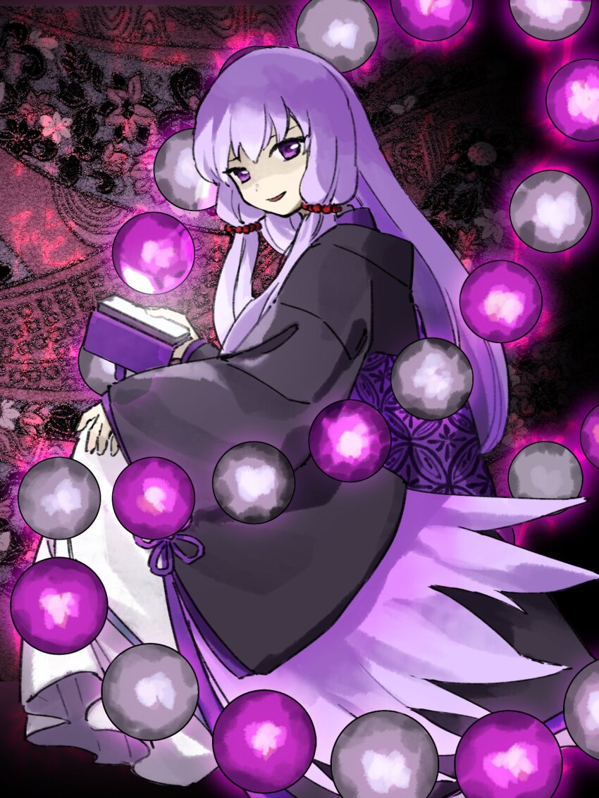 1girl abstract_background cellphone glowing highres hollow_song_of_birds japanese_clothes kaigen_1025 long_hair orb parted_lips phone purple_eyes purple_hair purple_theme smartphone smile solo tokujakubou_shiran touhou