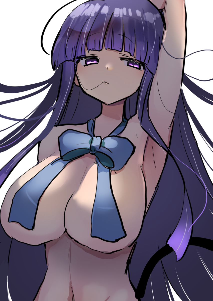 1girl arm_up armpits blue_bow blue_bowtie blue_hair blunt_bangs bow bowtie breasts cat_tail expressionless frederica_bernkastel highres large_breasts long28 long_hair looking_at_viewer navel purple_eyes sidelocks simple_background solo tail umineko_no_naku_koro_ni upper_body white_background