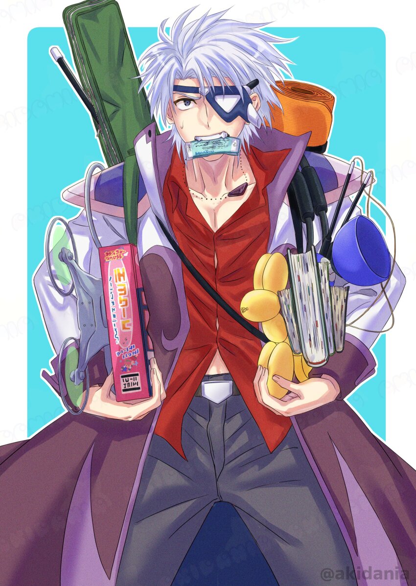 1boy absurdres armor balloon balloon_animal belt blue_eyes book box collarbone collared_shirt cowboy_shot eyepatch galaxy_angel highres holding holding_balloon holding_book holding_box kitaru lester_coolduras looking_at_viewer red_shirt shirt short_hair shoulder_armor sweatdrop white_hair