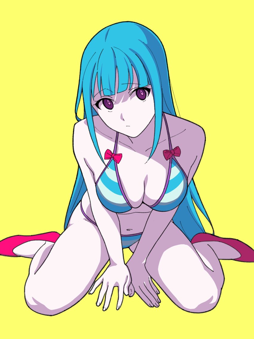 1girl aqua_hair bikini blunt_bangs breasts cleavage highres kashiwa_(iersansi) large_breasts leaning_forward long_hair looking_at_viewer me!me!me! meme_(me!me!me!) pink_shoes purple_eyes shoes simple_background sitting solo striped_bikini striped_clothes swimsuit very_long_hair yellow_background