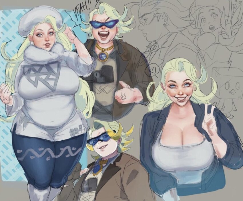 1girl breasts camera cleavage eiscue eiscue_(ice) frosmoth game_freak gen_8_pokemon gordie_(pokemon) hat huge_breasts jacket kingazastyles lips long_hair long_sleeves melony_(pokemon) nintendo plump pokemon pokemon_swsh short_hair sunglasses sweater v very_long_hair white_hair