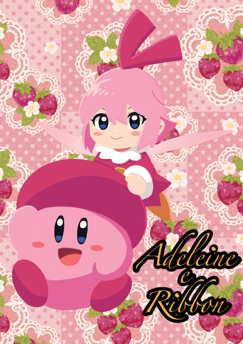 1girl batchgooya beret blush_stickers colored_skin commentary_request fairy fairy_wings food fruit hat highres kirby kirby&#039;s_dream_buffet kirby_(series) nintendo pink_background pink_hair pink_skin red_hat red_ribbon ribbon ribbon_(kirby) strawberry wings