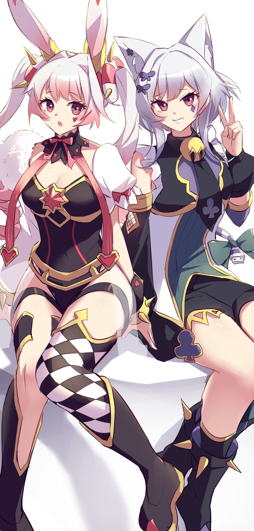 2girls absurdres animal_ear_fluff animal_ears ascot asymmetrical_clothes asymmetrical_legwear black_ascot black_leotard blush breasts cat_ears cat_girl checkered_clothes checkered_legwear cleavage club_(shape) duel_monster heart highres kanzakietc large_breasts leotard long_hair long_sleeves looking_at_another looking_at_viewer maliss_&lt;p&gt;_chessy_cat maliss_&lt;p&gt;_white_rabbit multiple_girls navel open_mouth parted_lips pink_eyes pink_hair rabbit_ears rabbit_girl short_hair short_sleeves shorts simple_background smile spiked_wristband teeth thigh_strap v white_background yu-gi-oh!