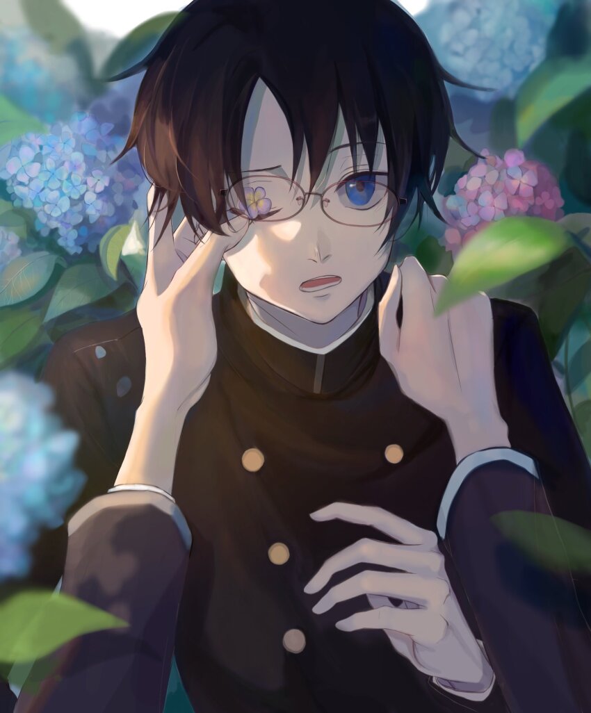 1boy black_jacket blue_eyes brown_hair buttons collared_jacket commentary disembodied_hand doumeki_shizuka flower flower_over_eye gakuran glasses hair_between_eyes hand_on_another&#039;s_face hand_on_another&#039;s_shoulder hand_up highres jacket layered_sleeves leaf male_focus one_eye_closed open_mouth plant raised_eyebrow rimless_eyewear school_uniform shusuzu solo teeth tongue upper_body watanuki_kimihiro xxxholic