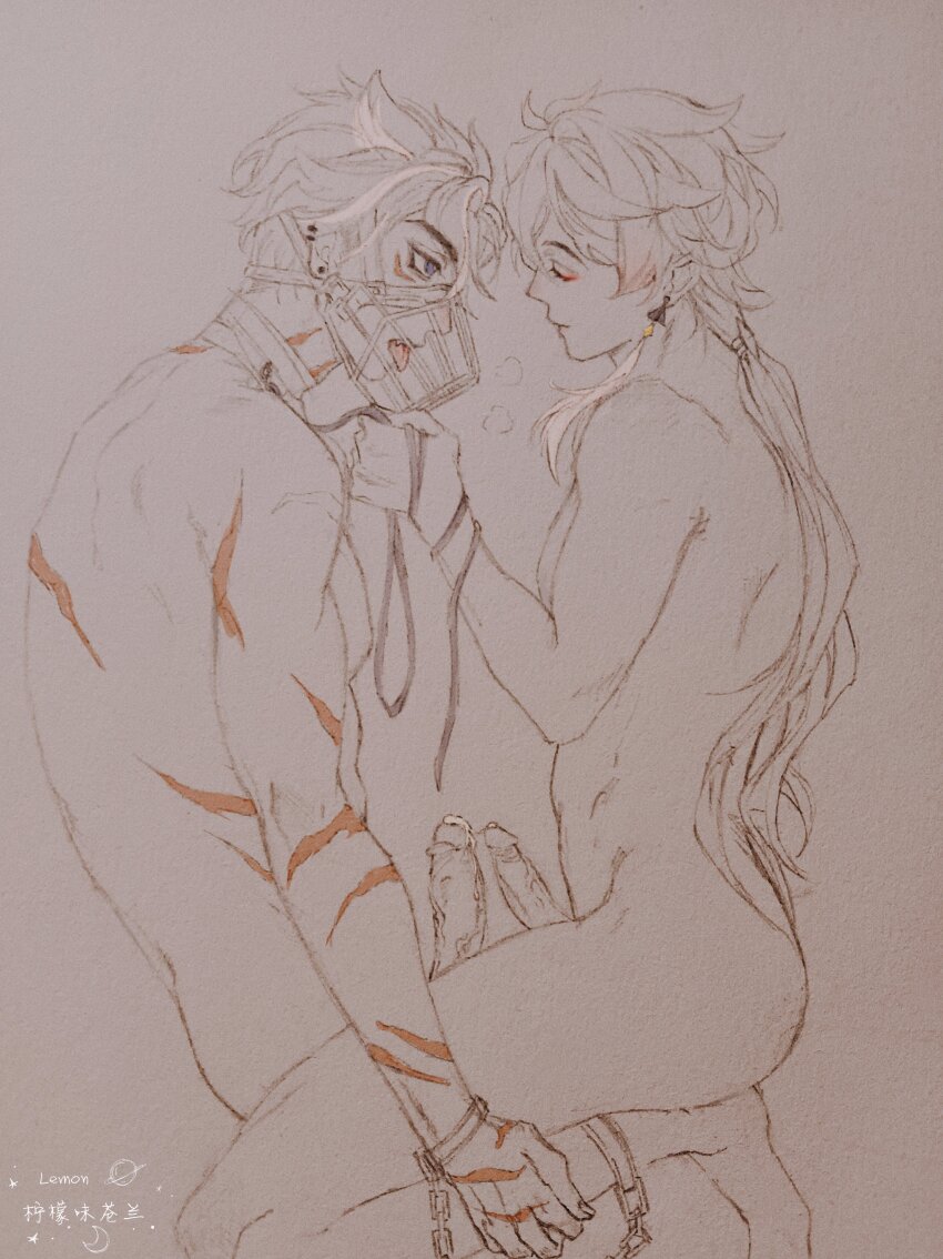 2boys absurdres earrings facing_each_other genshin_impact hand_drawn highres jewelry leash leashed_to_another multiple_boys muzzle scar scars_all_over single_earring tongue tongue_out twitter wizhngl346984 wriothesley_(genshin_impact) yaoi zhongli_(genshin_impact)