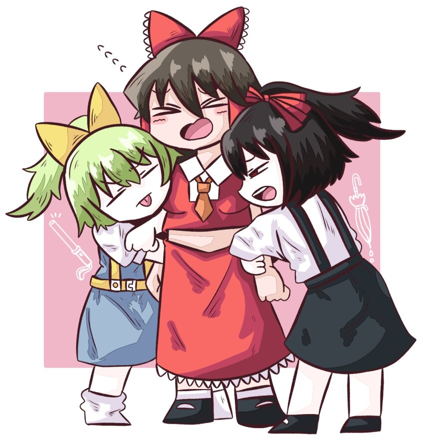&gt;_&lt; 3girls arm_hug black_footwear black_hair black_skirt blue_dress blush bow closed_eyes collared_shirt colored_skin commentary_request cookie_(touhou) daiyousei diyusi_(cookie) dress flying_sweatdrops frilled_bow frills full_body green_hair hair_between_eyes hair_bow hakurei_reimu high_ponytail highres long_bangs long_hair looking_at_another multiple_girls necktie noel_(cookie) open_mouth orange_necktie pinafore_dress ponytail red_bow red_eyes red_shirt red_skirt shirt shoes siyudi_(cookie) skirt skirt_set sleeveless sleeveless_dress sleeveless_shirt socks standing suspender_skirt suspenders sznkrs tongue tongue_out touhou traffic_baton umbrella white_background white_skin white_socks yellow_bow