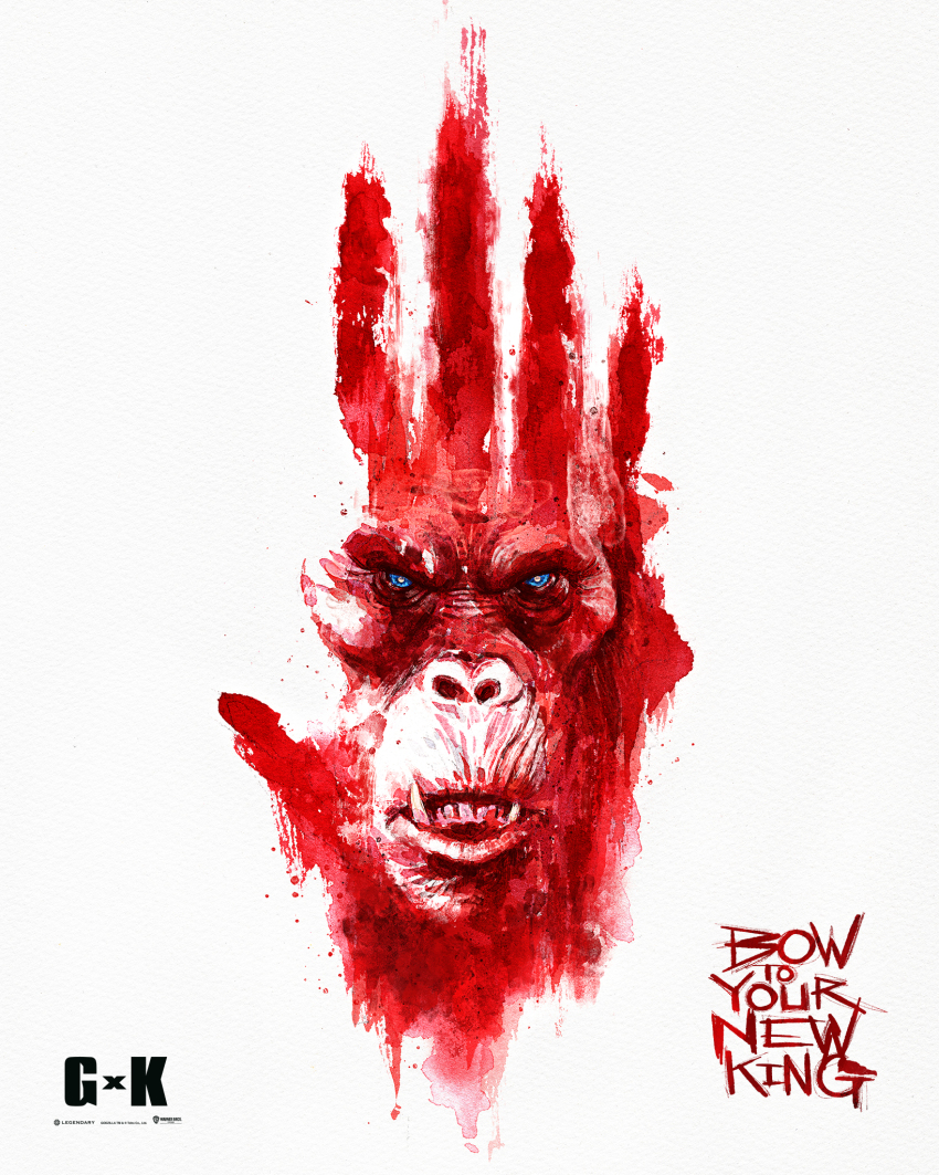 angry ape artist_request bald blood bloody_handprints blue_eyes crossover english_text facepaint fangs glowing glowing_eyes godzilla_(series) godzilla_x_kong:_the_new_empire gorilla handprint highres kaiju king_kong_(series) legendary_pictures looking_at_viewer monsterverse movie_poster no_humans official_art orangutan scar scar_across_eye scar_on_face simple_background skar_king teaser_poster teeth war_paint warner_bros white_background