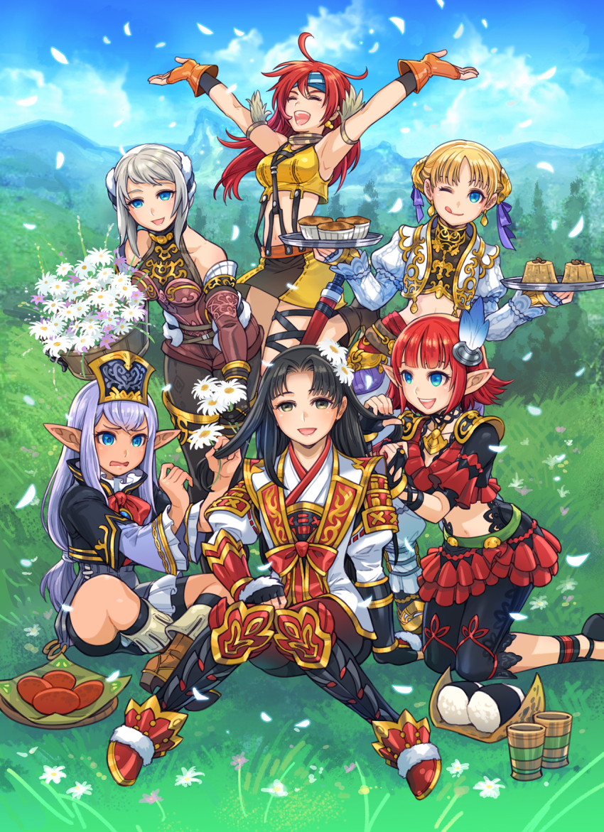 6+girls :d ^_^ afumau_(final_fantasy) arciela_v_adoulin armor bare_shoulders bike_shorts black_gloves black_hair black_pants black_pantyhose black_shirt black_skirt blonde_hair blue_eyes blue_gloves blue_hair blue_headband blue_ribbon blue_sky bodysuit boots bow bowtie breasts brown_boots capri_pants closed_eyes collarbone commentary cropped_jacket cropped_shirt dancer_(final_fantasy) dark-skinned_female dark_skin day detached_sleeves earmuffs earrings elf elvaan falling_petals feather_hair_ornament feathers final_fantasy final_fantasy_xi fingerless_gloves flower gloves gold_earrings gold_trim grass grey_hair hair_ornament hand_in_another&#039;s_hair headband highres holding holding_flower hume indian_style iroha_(ff11) jacket japanese_armor jewelry juliet_sleeves jumping kneeling kote lilisette lion_(ff11) long_hair long_sleeves low-tied_long_hair medium_breasts minagawa_fumio miniskirt mountainous_horizon multiple_girls navel official_art on_grass one_eye_closed open_mouth orange_gloves outdoors pants pantyhose petals pointy_ears prishe puffy_sleeves red_bodysuit red_bow red_bowtie red_hair red_sleeves ribbon second-party_source shirt short_hair sitting skirt sky sleeveless sleeveless_shirt smile teeth two-tone_skirt upper_teeth_only white_flower white_jacket white_pants white_petals yellow_eyes yellow_shirt yellow_skirt