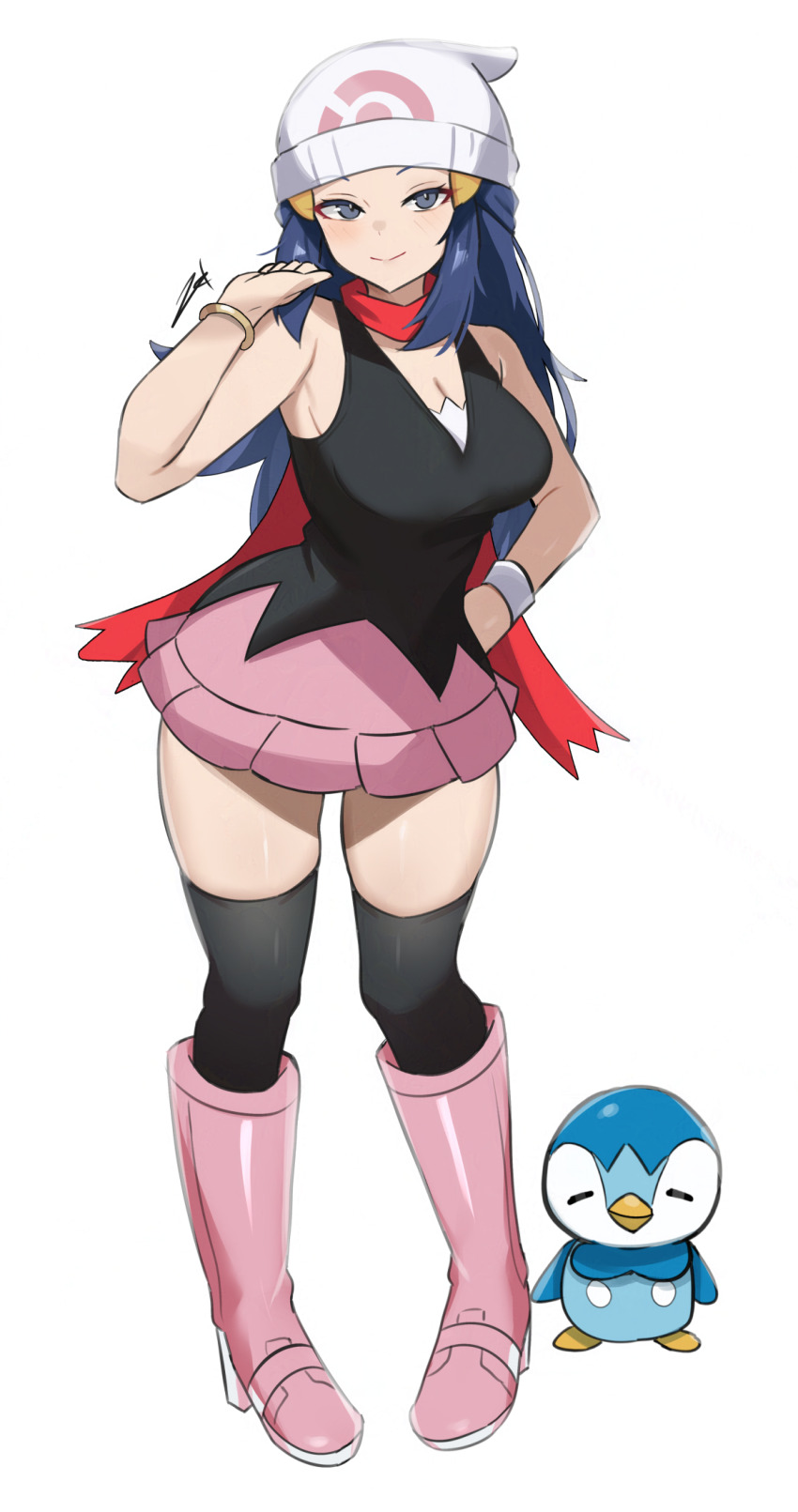 1boy 1girl alternate_breast_size artist_name bare_shoulders beanie bird blue_hair boots bracelet breasts dawn_(pokemon) gen_4_pokemon hair_ornament hairclip hand_on_own_hip hat highres jewelry knee_boots large_breasts long_hair looking_at_viewer nintendo penguin piplup pokemon pokemon_(anime) pokemon_dppt_(anime) red_scarf scarf shiny_skin simple_background skindentation skirt thighs watch white_background zet_(twt_zet)