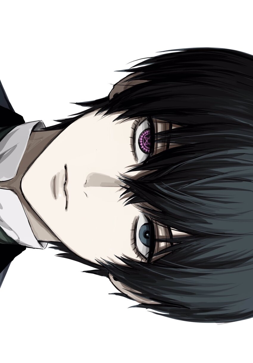 1boy black_hair blue_eyes ciel_phantomhive eyelashes heterochromia highres kuroshitsuji lips male_focus pale_skin sideways solo sso_s straight-on white_background