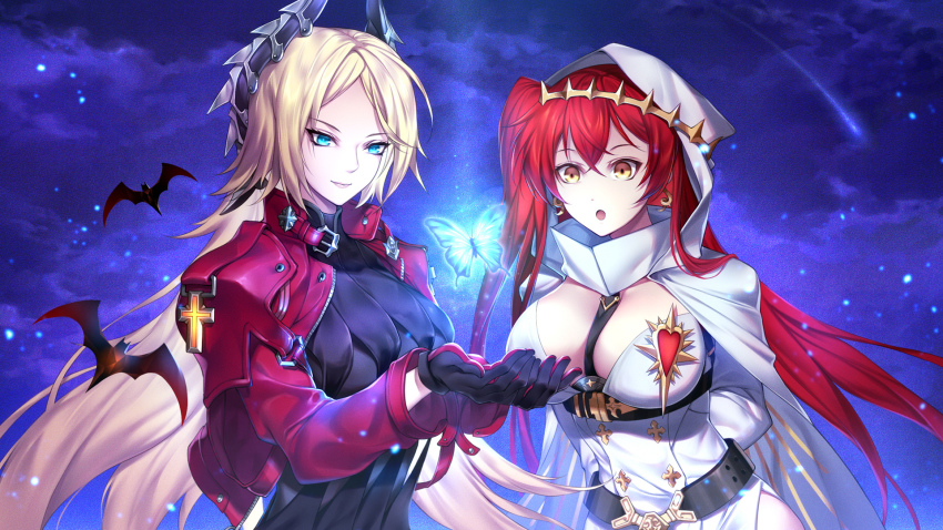 2girls alchemy_stars bat_(animal) belt black_belt black_gloves black_shirt blonde_hair blue_butterfly blue_eyes breasts bug butterfly cape closed_mouth cloud cloudy_sky collared_shirt commentary_request cropped_jacket crossed_bangs dot_nose earrings fake_horns gloves gold_hairband hair_between_eyes hairband heart_ornament highres hood hood_up horns insect jacket jewelry large_breasts light_particles long_hair looking_at_animal multiple_girls nasaniliu night night_sky open_mouth pact_(alchemy_stars) red_hair red_jacket shirt sky smile thick_thighs thighs upper_body victoria_(alchemy_stars) white_cape white_hood white_jacket yellow_eyes