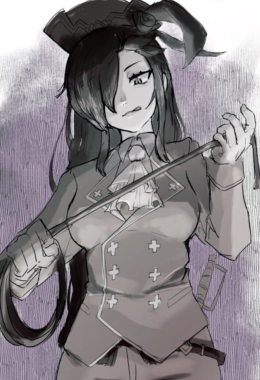 ascot black_hair breast_padding crossdressing gloves hair_over_one_eye hat highres licking_lips long_hair looking_at_viewer military_hat military_uniform natsumi_schwarz re:zero_kara_hajimeru_isekai_seikatsu sanpaku sword tongue tongue_out trap very_long_hair weapon whip