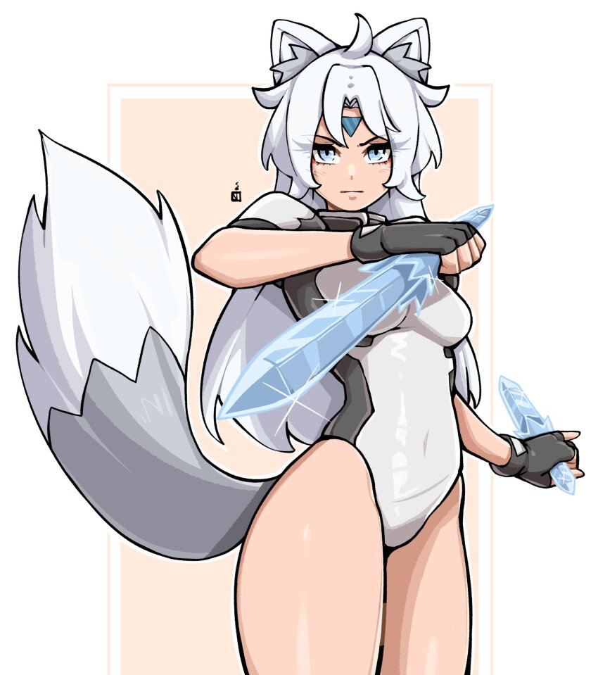 1girl ahoge animal_ear_fluff animal_ears blue_eyes breasts closed_mouth commentary commission cowboy_shot english_commentary facial_mark fingerless_gloves gloves grey_gloves highres leotard long_hair looking_at_viewer medium_breasts oninuer original short_sleeves simple_background solo tail thighs triangle triangle_facial_mark white_background white_hair white_leotard wolf_ears wolf_girl wolf_tail
