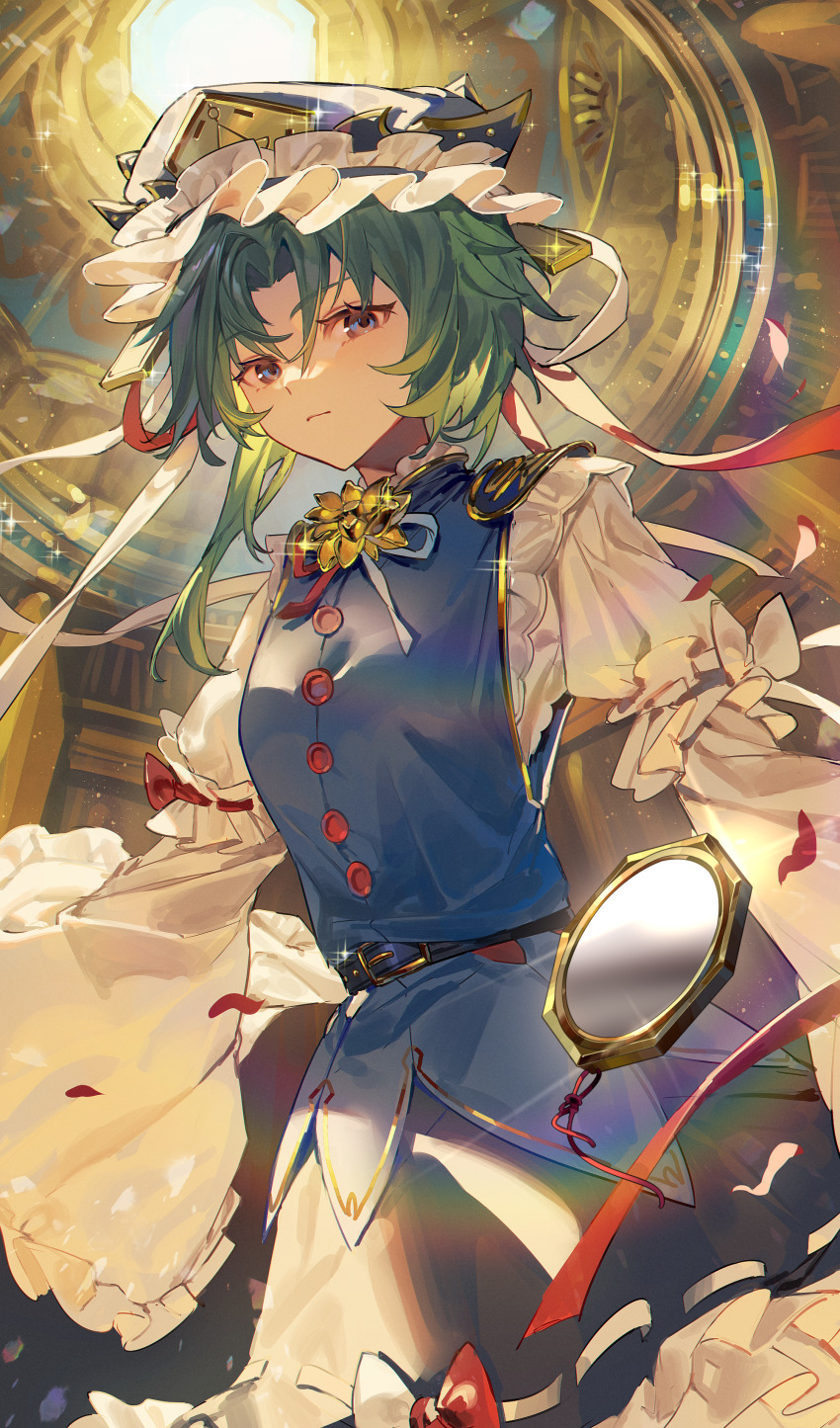1girl absurdres asymmetrical_hair belt black_belt black_skirt blue_eyes blue_vest bow bow_skirt buttons closed_mouth collared_vest commentary courtroom cowboy_shot curtained_hair dutch_angle ender_xiaohai frilled_hat frilled_skirt frilled_sleeves frills gold_buckle gold_trim green_hair hat hat_ribbon highres indoors juliet_sleeves long_sleeves looking_at_viewer mirror puffy_sleeves red_petals red_ribbon ribbon ribbon-trimmed_skirt ribbon_trim shiki_eiki shirt skirt sleeve_garter solo sparkle touhou two-tone_bow vest white_ribbon white_shirt