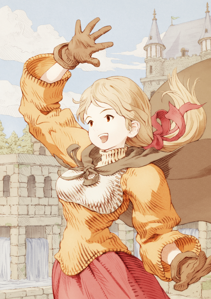 1girl absurdres alma_beoulve blonde_hair brown_cape brown_eyes brown_gloves cape castle cloud day final_fantasy final_fantasy_tactics gloves hair_ribbon highres long_hair open_mouth outdoors pine_tree ponytail red_ribbon red_skirt ribbon shinichi_kobe skirt sky solo teeth tree upper_teeth_only water waterfall