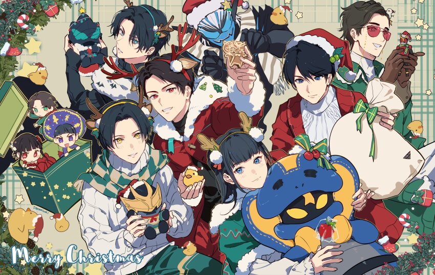 3girls 6+boys action_figure adk-em aguilera_(kamen_rider_revice) antlers bandai bandai_namco barid_vice black_hair black_sweater blue_eyes chibi chibi_inset christmas christmas_ornaments christmas_present christmas_stocking christmas_tree cobra_(animal) commentary cookie doran_(doran7280) dress fake_horns food george_karizaki gift gingerbread_man glasses green_jacket green_scarf hat highres horns igarashi_daiji igarashi_ikki igarashi_sakura ishimori_prod jacket julio_(kamen_rider_revice) kadota_hiromi kagerou_(kamen_rider_revice) kamen_rider kamen_rider_evil kamen_rider_kuuga kamen_rider_kuuga_(series) kamen_rider_live kamen_rider_revi kamen_rider_revice kamen_rider_vice lovekov merry_christmas mexican_clothes multiple_boys multiple_girls olteca_(kamen_rider_revice) ponytail purple_headwear red_dress red_jacket reindeer_antlers rubber_duck santa_hat scarf star_(symbol) striped_clothes striped_scarf stuffed_toy sweater sweater_jacket symbol-only_commentary tinted_eyewear toei_company tokusatsu tv_asahi vice_(kamen_rider_revice) volcano_rex waving white_sweater