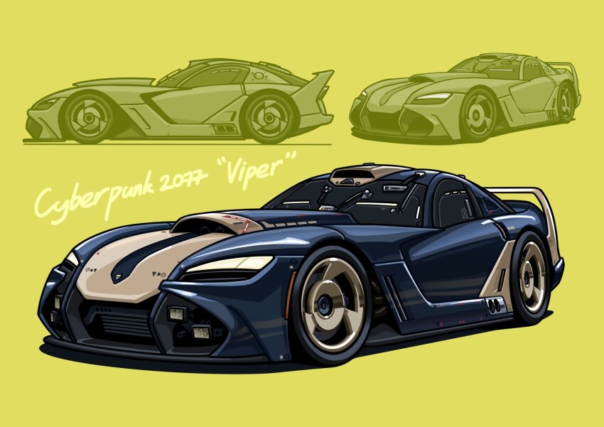 arhentol blue_car car commentary copyright_name cyberpunk_(series) cyberpunk_2077 dodge_(company) dodge_viper english_commentary highres motor_vehicle redesign shadow simple_background spoiler_(automobile) sports_car vehicle_focus yellow_background