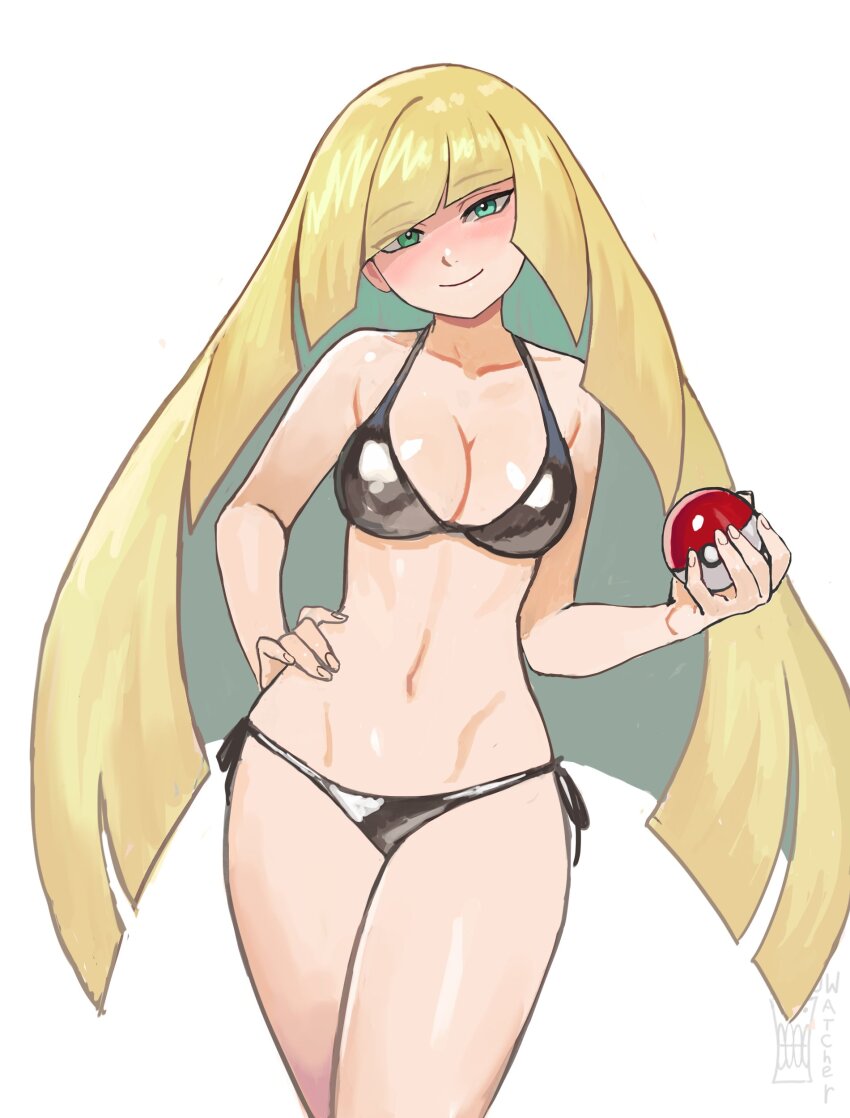 1girl absurdres artist_name bare_arms bare_shoulders bikini black_bikini blonde_hair blue_eyes blunt_bangs blush breasts cleavage collarbone commentary cowboy_shot creatures_(company) english_commentary game_freak groin hand_on_own_hip highres holding holding_poke_ball large_breasts long_hair lusamine_(pokemon) navel nintendo poke_ball poke_ball_(basic) pokemon pokemon_sm shiny_clothes side-tie_bikini_bottom simple_background smile solo stomach swimsuit very_long_hair watcher_hollow white_background