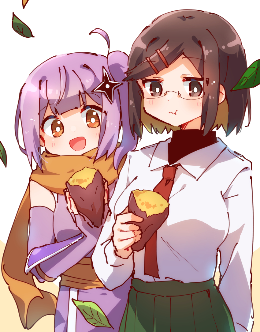 2girls absurdres breasts bright_pupils brown_eyes brown_hair collared_shirt commentary_request eating elbow_gloves falling_leaves food glasses gloves green_skirt hair_ornament hairclip highres holding holding_food japanese_clothes koga_konoha kusagakure_satoko large_breasts leaf long_sleeves looking_at_viewer multiple_girls necktie ninja_to_koroshiya_no_futarigurashi nyaa_(nnekoron) open_mouth orange_eyes orange_sash orange_scarf parallel_hairclips pleated_skirt purple_gloves purple_hair red_necktie roasted_sweet_potato scarf school_uniform shirt shirt_tucked_in short_hair shuriken_hair_ornament side_ponytail skirt smile sweet_potato white_background white_pupils white_shirt