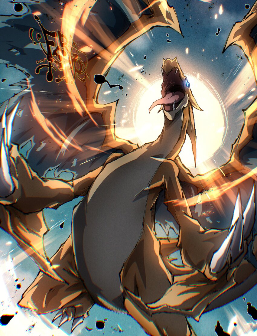 absurdres blue_eyes charizard claws dragon fangs fergoart fire gen_1_pokemon highres mega_charizard_y mega_pokemon nintendo no_humans open_mouth pokemon pokemon_(creature) pokemon_focus sharp_teeth tail teeth tongue tongue_out wings