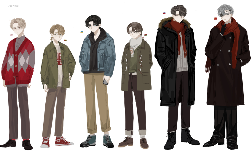 6+boys absurdres belarus_(saboten92) black_coat black_footwear black_hoodie blue_footwear blue_jacket boots brown_footwear brown_hair brown_pants buttons cardigan coat converse double-breasted eyepatch full_body green_jacket grey_hair grey_scarf highres hood hood_down hoodie jacket lithuania_(saboten92) multiple_boys original pants parted_bangs personification poland_(saboten92) red_cardigan red_footwear russia_(saboten92) saboten92 scarf shoes simple_background soviet_union_(saboten92) sweater ukraine_(saboten92) white_background white_scarf white_sweater
