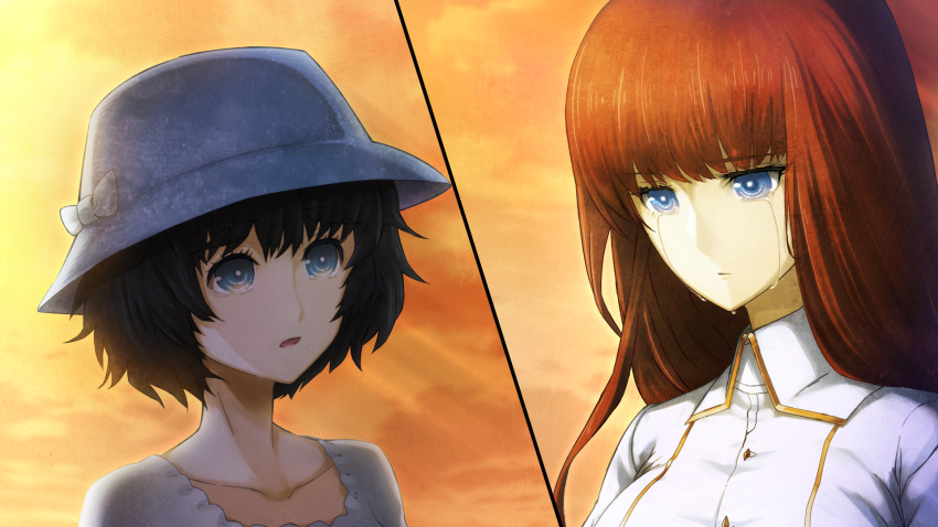1girl aqua_eyes black_hair blouse blue_dress blue_eyes blue_hat bow breasts closed_mouth collar collarbone collared_shirt crying crying_with_eyes_open dress frilled_collar frills game_cg hat hat_bow highres huke impossible_clothes large_breasts long_hair long_sleeves looking_down medium_hair non-web_source official_art open_mouth orange_sky red_hair ringed_eyes shiina_kagari shiina_mayuri shiny_lips shirt sky steins;gate steins;gate_0 streaming_tears sunset tareme tearing_up tears transparent_background white_shirt yellow_trim