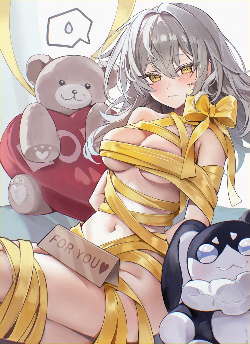 1girl absurdres armpit_crease arms_behind_back blush bound breasts closed_mouth commentary convenient_censoring english_text grey_hair hair_between_eyes highres honkai:_star_rail honkai_(series) large_breasts looking_at_viewer medium_hair naked_ribbon navel pom-pom_(honkai:_star_rail) ribbon simple_background sitting spoken_sweatdrop stelle_(honkai:_star_rail) sweatdrop trailblazer_(honkai:_star_rail) underboob white_background yellow_eyes yellow_ribbon zije
